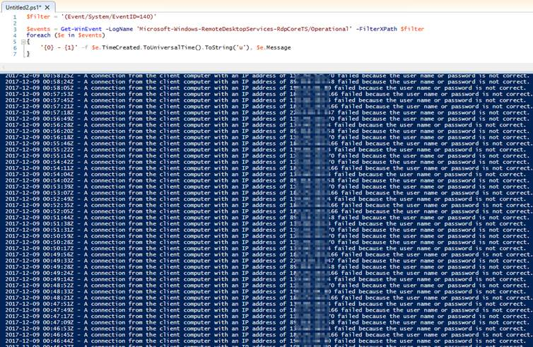 RdpCoreTS event logs - PowerShell query