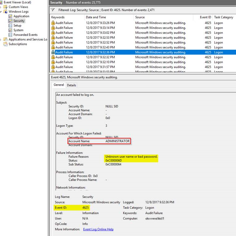 System event logs - Event ID 4625